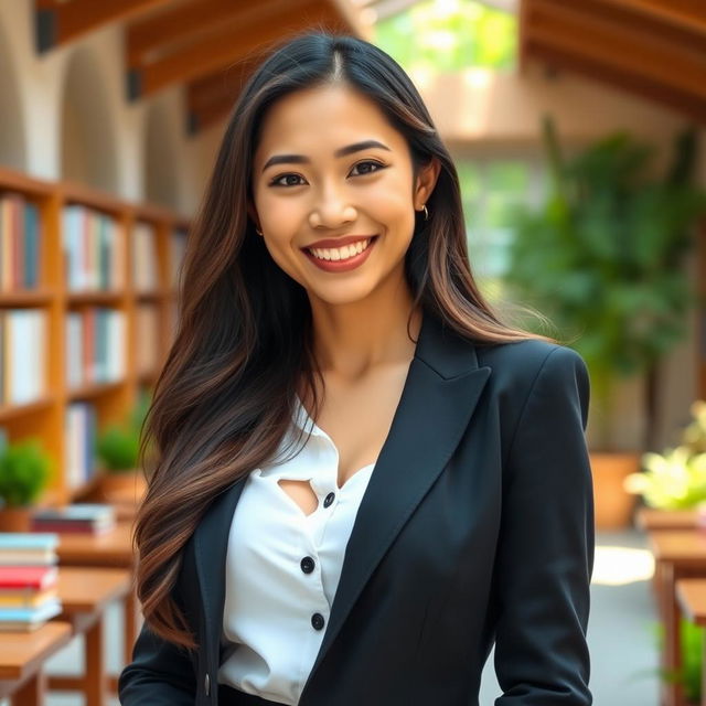 A beautiful Filipina woman with exceptionally large breasts, dressed in a smart and stylish outfit suitable for a university setting, reflecting her Christian background