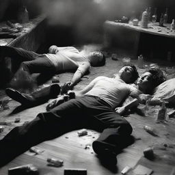 A black and white photograph captures a group of friends, exhausted and collapsed in furniture, surrounded by a pile of alcohol bottles