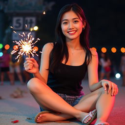 A beautiful Korean woman wearing a black tank top, with a soft smile, sitting on the ground facing the camera