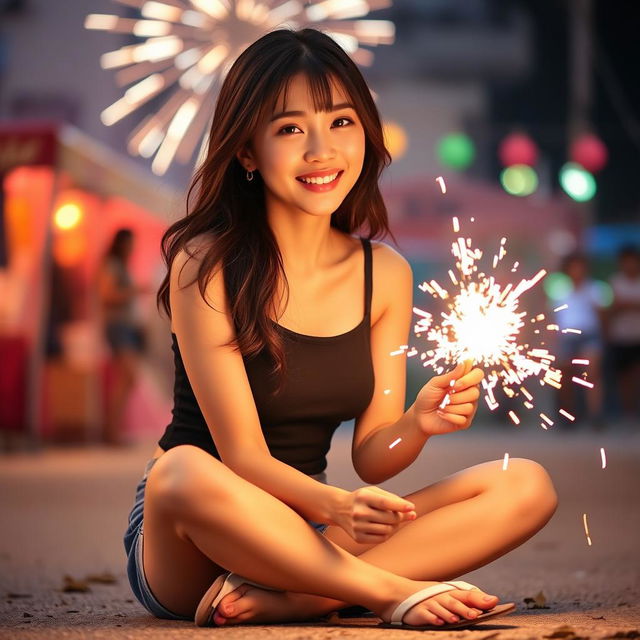 A beautiful Korean woman wearing a black tank top, with a soft smile, sitting on the ground facing the camera