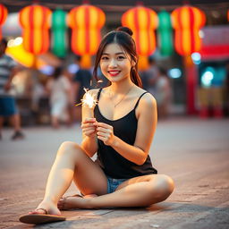 A beautiful Korean woman wearing a black tank top, with a soft smile, sitting on the ground facing the camera
