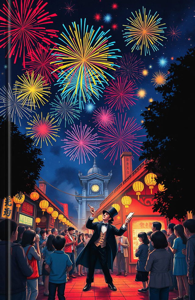 A vibrant book cover depicting a night sky filled with colorful firecrackers bursting in bright shades of red, blue, and gold