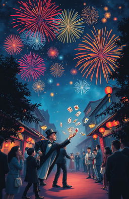 A vibrant book cover depicting a night sky filled with colorful firecrackers bursting in bright shades of red, blue, and gold