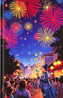 A vibrant book cover depicting a night sky filled with colorful firecrackers bursting in bright shades of red, blue, and gold
