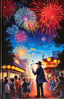 A vibrant book cover depicting a night sky filled with colorful firecrackers bursting in bright shades of red, blue, and gold
