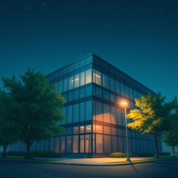 A beautifully animated scene of a modern office building in America at night, exuding a sense of solitude and tranquility