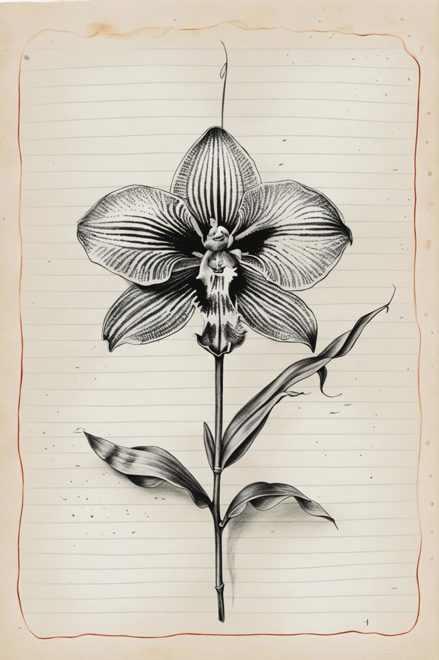 This is a high-quality image of a simple pencil drawing of an orchid on lined paper