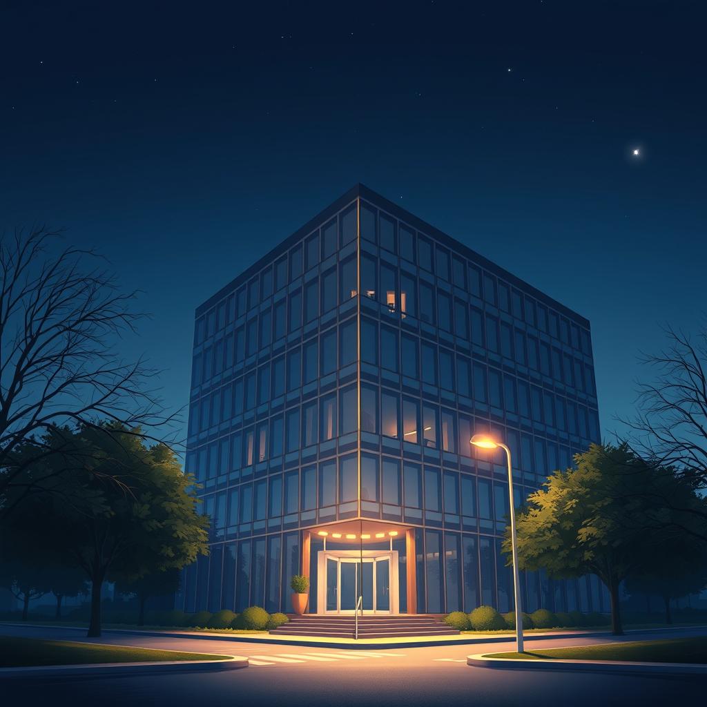 A beautifully animated scene of a modern office building in America at night, exuding a sense of solitude and tranquility