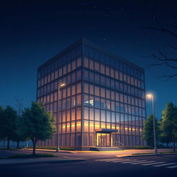 A beautifully animated scene of a modern office building in America at night, exuding a sense of solitude and tranquility