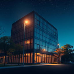 A beautifully animated scene of a modern office building in America at night, exuding a sense of solitude and tranquility