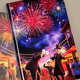 A captivating book cover featuring a dazzling night sky filled with vibrant firecrackers exploding in a symphony of colors like red, blue, and gold