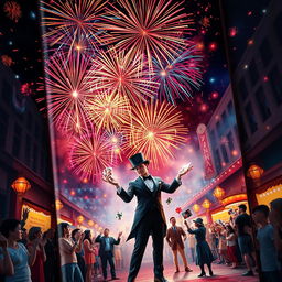 A captivating book cover featuring a dazzling night sky filled with vibrant firecrackers exploding in a symphony of colors like red, blue, and gold