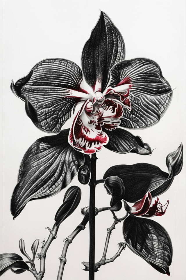 This is a high-quality image of a detailed pencil drawing of an orchid