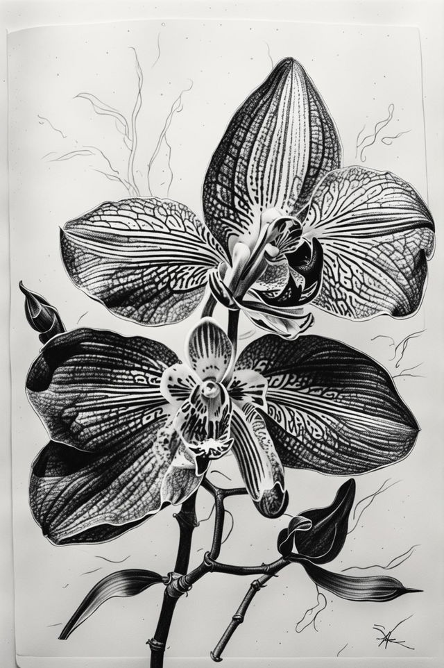 This is a high-quality image of a detailed ballpoint pen drawing of an orchid on sketch paper