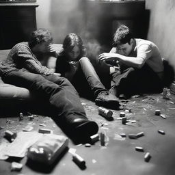 This image is a black and white photograph depicting a group of friends slumped over furniture, surrounded by a scattering of alcohol and drugs