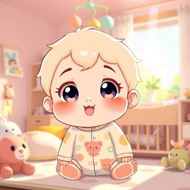 A cute and colorful anime-style illustration of a baby character, featuring large expressive eyes, chubby cheeks, and soft pastel colors