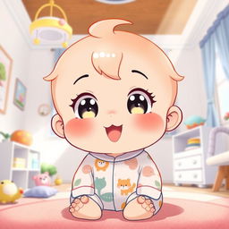 A cute and colorful anime-style illustration of a baby character, featuring large expressive eyes, chubby cheeks, and soft pastel colors