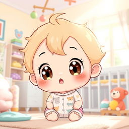 A cute and colorful anime-style illustration of a baby character, featuring large expressive eyes, chubby cheeks, and soft pastel colors