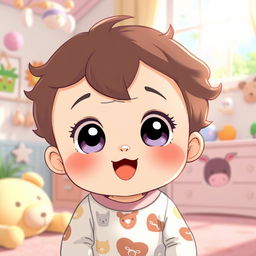 A cute and colorful anime-style illustration of a baby character, featuring large expressive eyes, chubby cheeks, and soft pastel colors