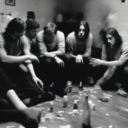 This image is a black and white photograph depicting a group of friends slumped over furniture, surrounded by a scattering of alcohol and drugs