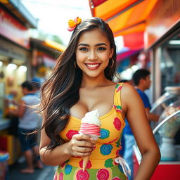 A beautiful Filipina woman with exceptionally large breasts, playfully dressed in a colorful ice cream vendor's outfit that highlights her cheerful personality