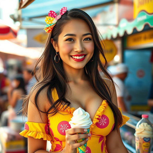 A beautiful Filipina woman with exceptionally large breasts, playfully dressed in a colorful ice cream vendor's outfit that highlights her cheerful personality