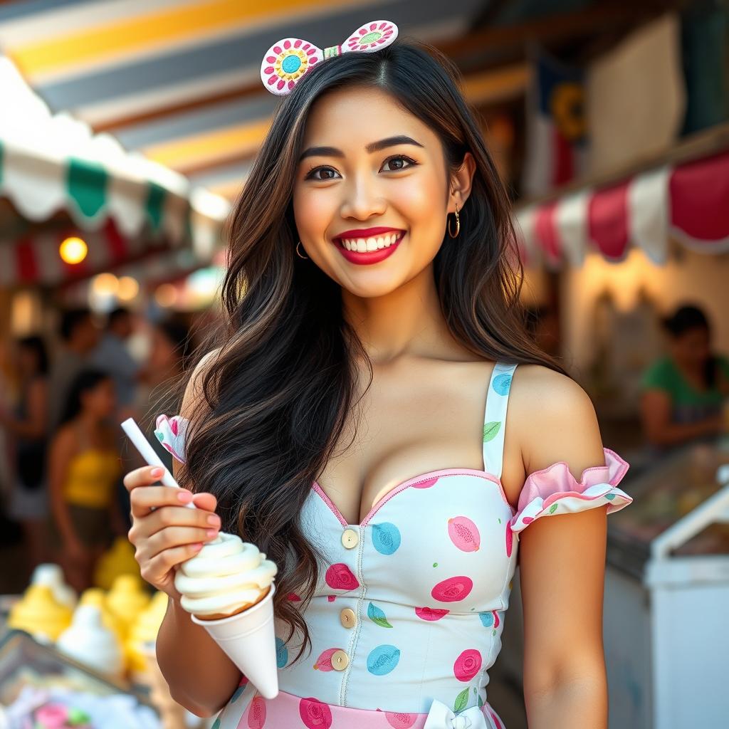 A beautiful Filipina woman with exceptionally large breasts, playfully dressed in a colorful ice cream vendor's outfit that highlights her cheerful personality