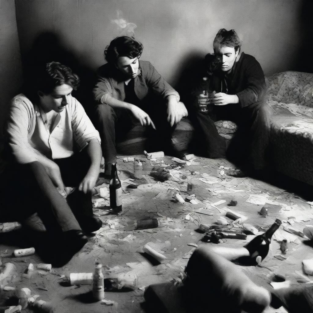 This image is a black and white photograph depicting a group of friends slumped over furniture, surrounded by a scattering of alcohol and drugs