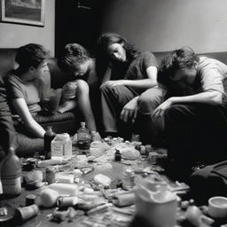 This image is a black and white photograph depicting a group of friends slumped over furniture, surrounded by a scattering of alcohol and drugs