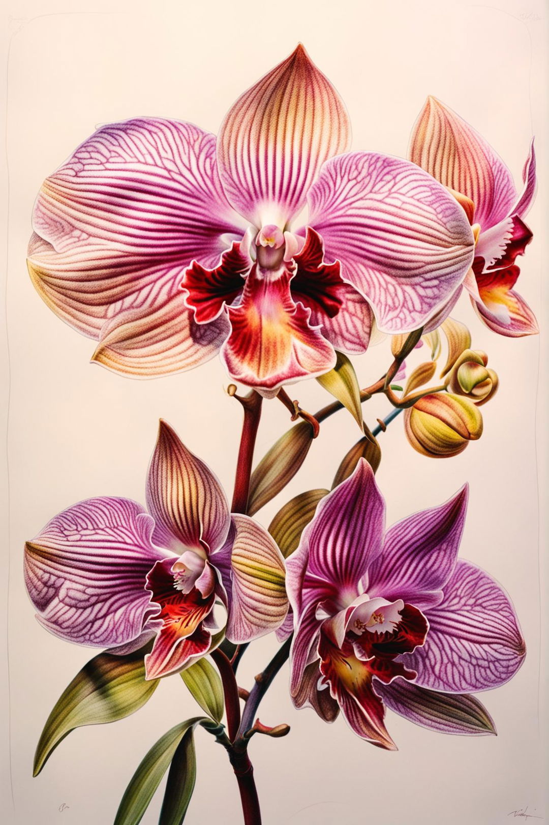 This is a high-quality image of a crayon drawing of a pastel orchid