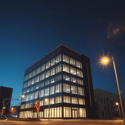 A solitary office building in an urban American setting at night, illuminated by soft white lights reflecting off modern glass windows