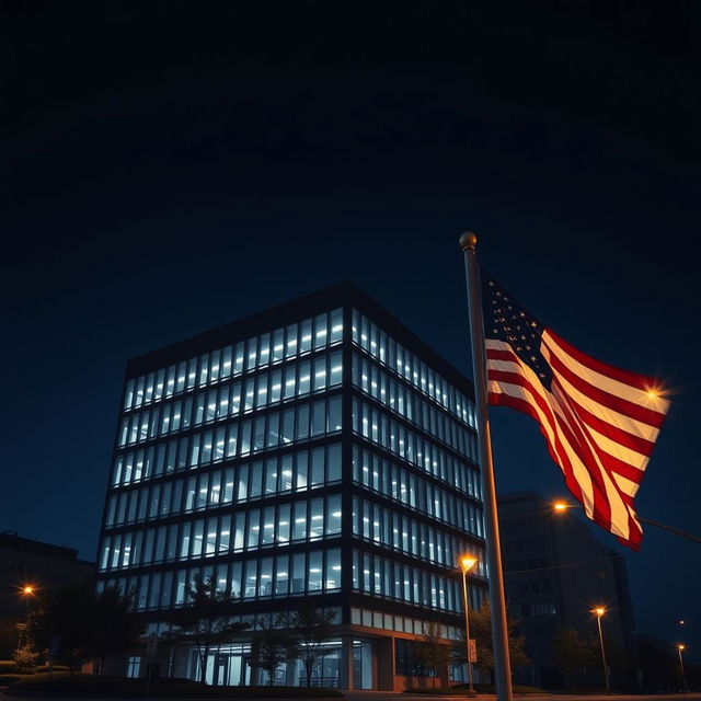 A solitary office building in an urban American setting at night, illuminated by soft white lights reflecting off modern glass windows