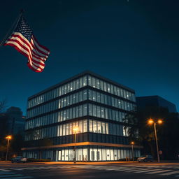 A solitary office building in an urban American setting at night, illuminated by soft white lights reflecting off modern glass windows