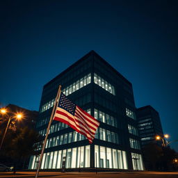 A solitary office building in an urban American setting at night, illuminated by soft white lights reflecting off modern glass windows