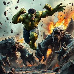 The Incredible Hulk in mid-action, captured leaping into the air with incredible raw power