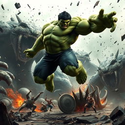 The Incredible Hulk in mid-action, captured leaping into the air with incredible raw power