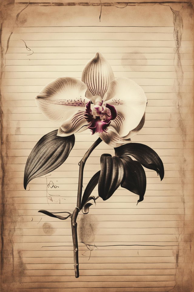 This is a high-quality image of a simple sketch of an orchid on vintage lined paper