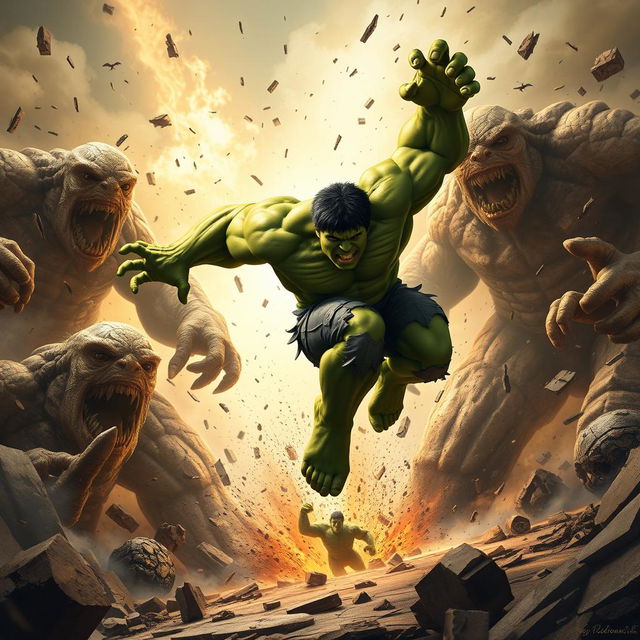 The Incredible Hulk in mid-action, captured leaping into the air with incredible raw power