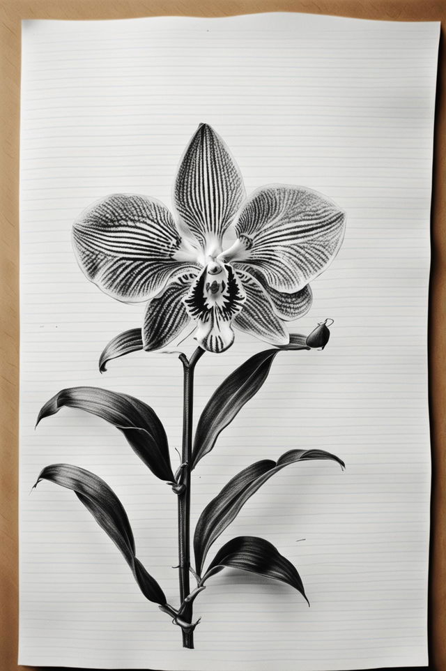 This is a high-quality image of a simple pencil drawing of an orchid on lined paper