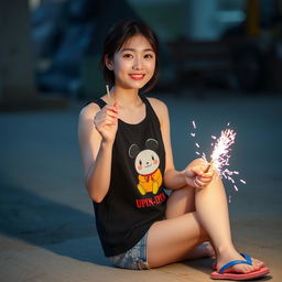 A beautiful Korean woman wearing a black tank top featuring an image of Upin-Ipin, paired with shorts and flip-flops, sitting on the ground facing the camera with a gentle smile while holding a firecracker
