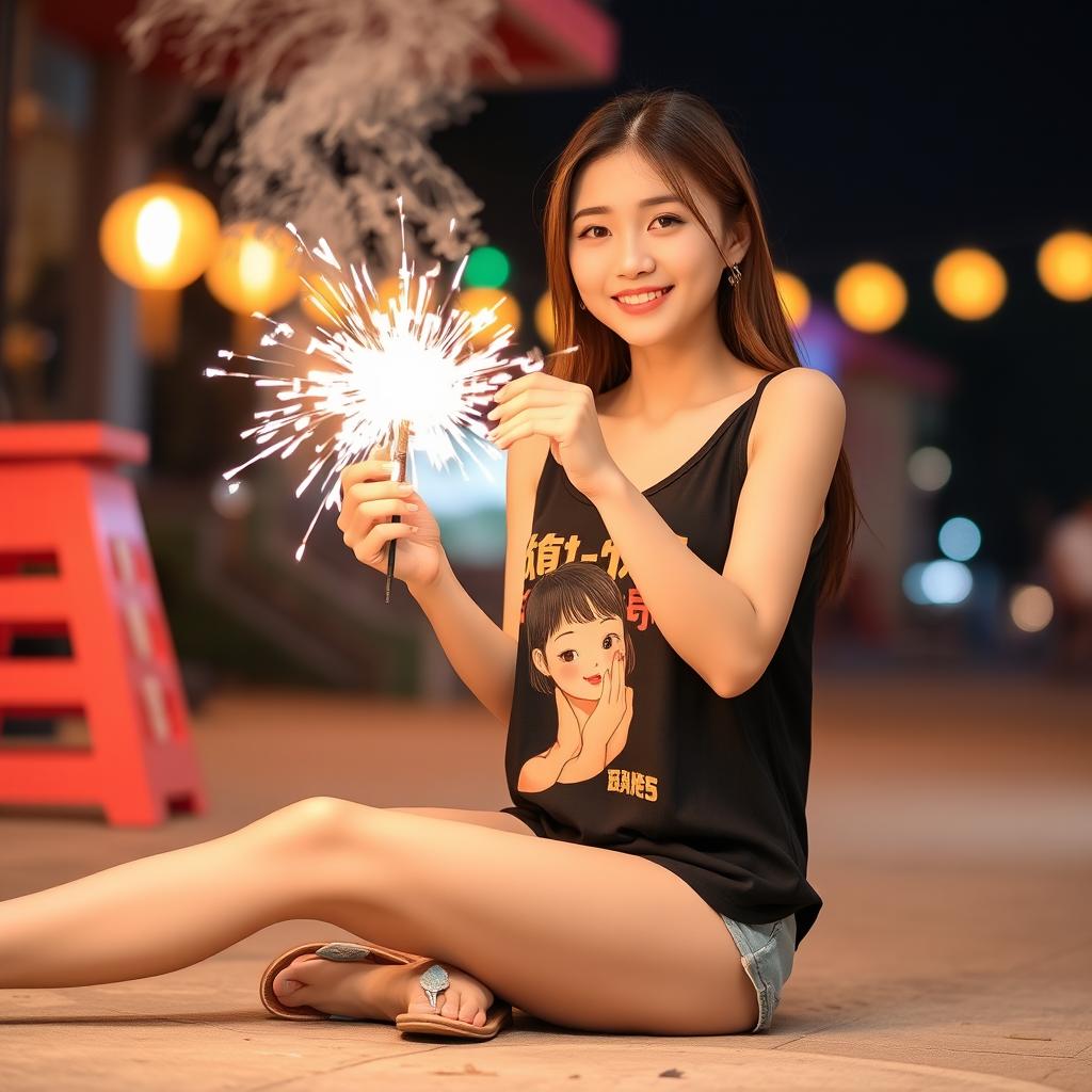 A beautiful Korean woman wearing a black tank top featuring an image of Upin-Ipin, paired with shorts and flip-flops, sitting on the ground facing the camera with a gentle smile while holding a firecracker