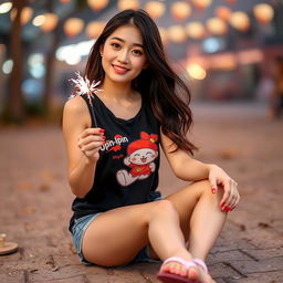 A beautiful Korean woman wearing a black tank top featuring an image of Upin-Ipin, paired with shorts and flip-flops, sitting on the ground facing the camera with a gentle smile while holding a firecracker