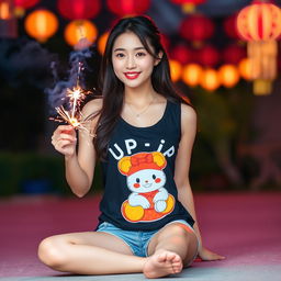 A beautiful Korean woman wearing a black tank top featuring an image of Upin-Ipin, paired with shorts and flip-flops, sitting on the ground facing the camera with a gentle smile while holding a firecracker