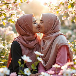 A beautiful, intimate moment between two Muslim girls sharing a tender kiss, both wearing stylish hijabs adorned with intricate patterns