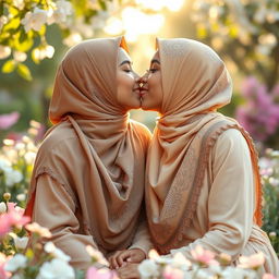 A beautiful, intimate moment between two Muslim girls sharing a tender kiss, both wearing stylish hijabs adorned with intricate patterns