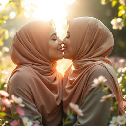 A beautiful, intimate moment between two Muslim girls sharing a tender kiss, both wearing stylish hijabs adorned with intricate patterns