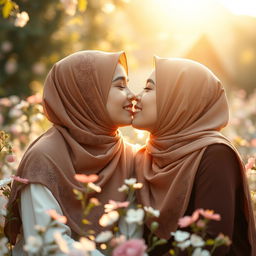 A beautiful, intimate moment between two Muslim girls sharing a tender kiss, both wearing stylish hijabs adorned with intricate patterns