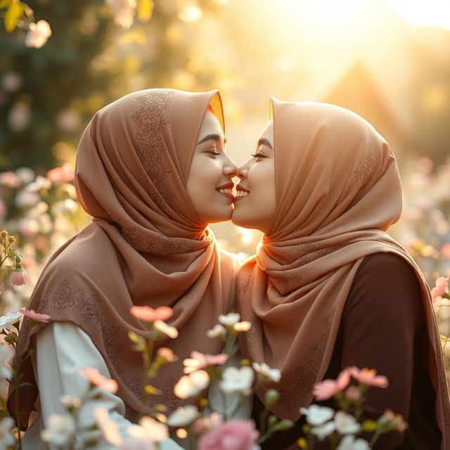 A beautiful, intimate moment between two Muslim girls sharing a tender kiss, both wearing stylish hijabs adorned with intricate patterns