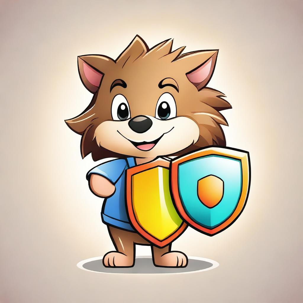 A high-quality cartoon image of a cute hedgehog with a shield