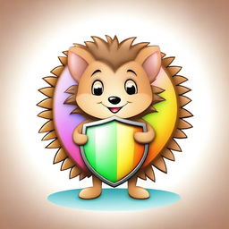 A high-quality cartoon image of a cute hedgehog with a shield